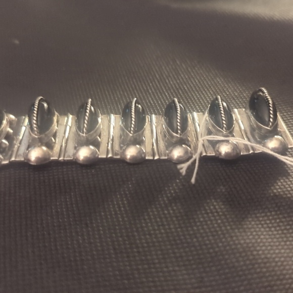 CHUNKY Vintage Mexican Sterling & Onyx Bracelet 1940s Brutalist - Picture 11 of 12